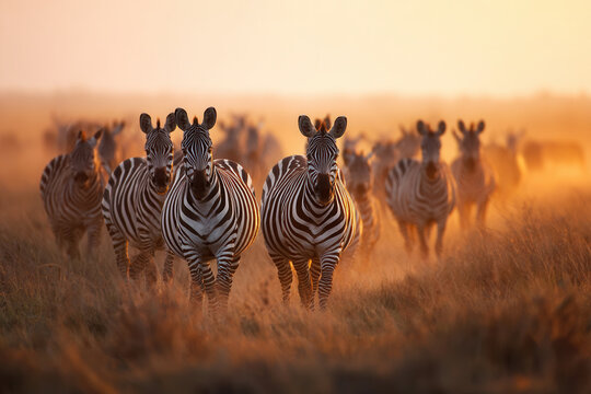Herd of zebras walking in golden grassland during sunset near a savanna in Africa - Powered by Adobe