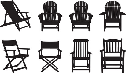 Collection of Adirondack and Deck Chair Silhouettes, Outdoor Wooden Garden Furniture Vector Set for Resort and Patio Design