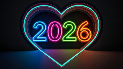 Neon heart with 2026 in colorful glowing numbers, dark background
