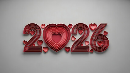 2026 Red Heart Numbers with Small Hearts on Gray Background