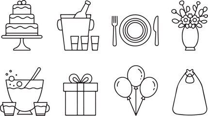 Collection of elegant hand drawn wedding and celebration elements in a sketch silhouette style