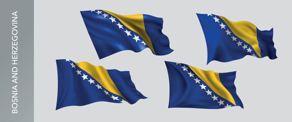 Bosnia and Herzegovina waving flag set of vector illustration. Yellow blue of Bosnian wavy realistic flag as a patriotic symbol
