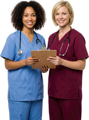 Two smiling female medical professionals in scrubs and stethoscopes holding a clipboard representing healthcare teamwork nurses doctors hospital clinic patient medicine medical attire