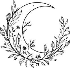 Minimal line art of crescent moon made of intertwined wildflowers and leaves, mystical botanical sticker design 1. © MdRubel