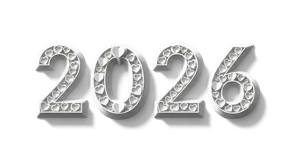 2026 metallic heart numbers, white background, new year celebration
