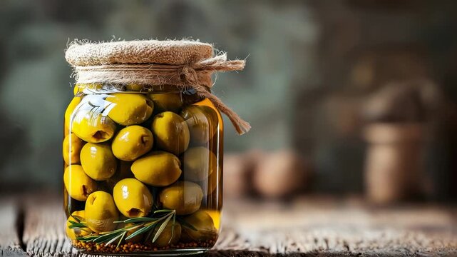Making homemade pickled olives with herbs in a clear jar on a wooden table