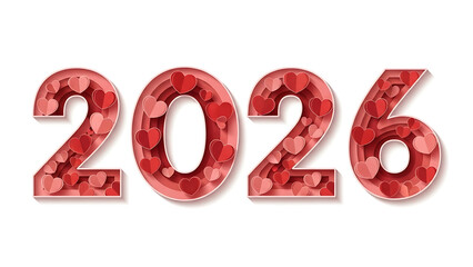 2026 Year with Red Hearts on White Background