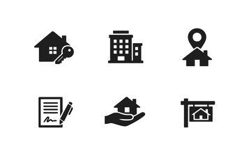 Property and housing icon set in black flat vector style. Clean real estate symbols for listings websites, apps, and digital property management platforms.