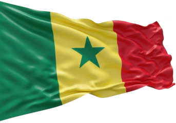 The national flag of senegal waving in the wind, featuring green, yellow, and red vertical stripes with a green star in the center, isolated on a transparent background