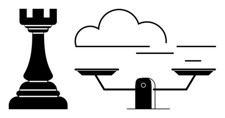 Strategy, fairness, justice, decision-making, equality, cloud computing. Chess rook beside balanced scales under a cloud. Strategy and fairness with symbolic elements © robu_s