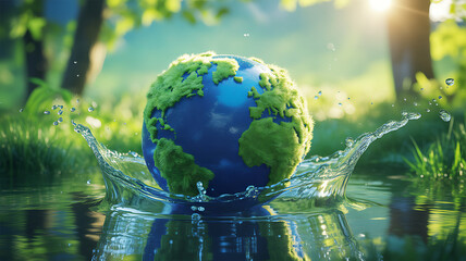 A vibrant Earth globe with mossy green continents splashes into clear water, reflecting lush nature and bright sunlight