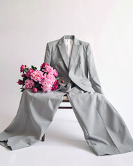 Women's gray suit, classic cut, empty on the chair, with a bouquet of bright pink flowers.