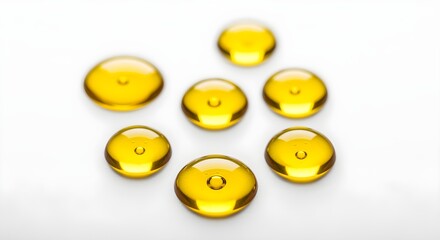 Fototapeta premium Luxurious golden oil drops representing Vitamin E, isolated on pure white, no shadows