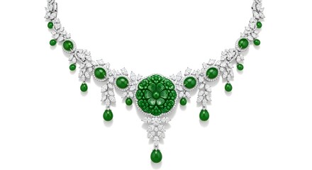 Masterpiece A Heritage in Bloom necklace displayed elegantly with intricate diamond and jade arrangement, pure white background, minimum shadows.