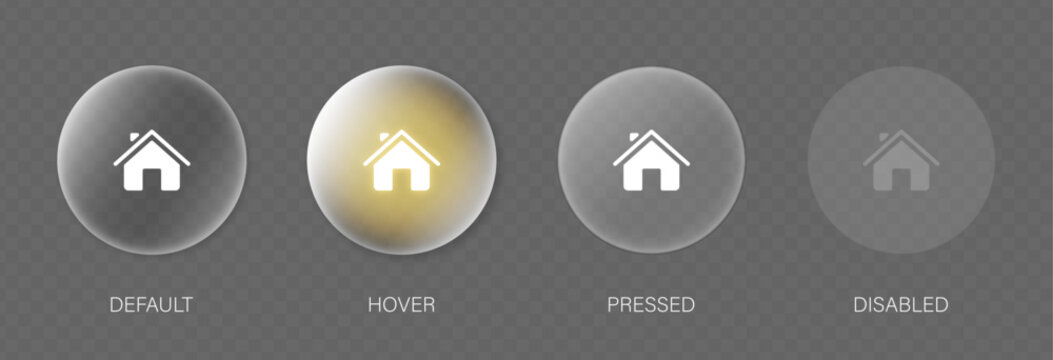 Liquid Neumorphic Glass morphism Button UI States Set with Normal Hover Active Selected and Disabled Modes In Transparent Background for Apps, Web Site, Interface, Dashboard and Control Panel Design.