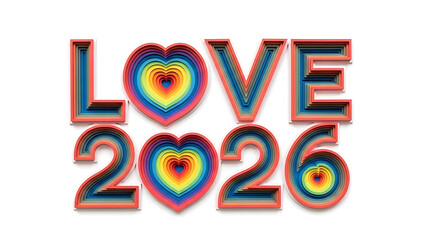 Rainbow colorful text love 2026 heart symbol on white background