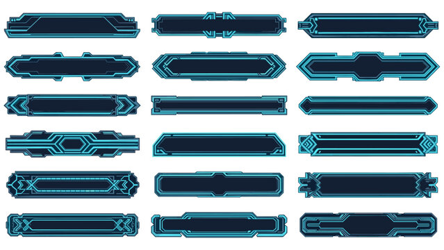 Vector Set of Holographic Art Deco Marquee Frames with Glowing Neon Blue Laser Borders