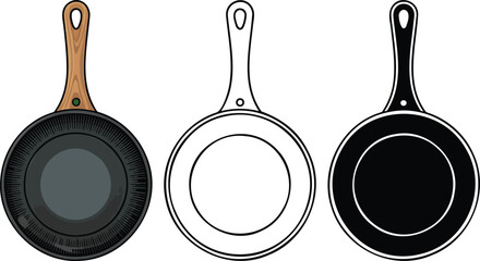 Frying pan silhouette & Outline and illustration set isolated on transparent background