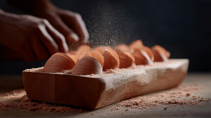 Hand sprinkling cocoa powder over chocolate desserts arranged on wooden board, artisan confectionery preparation concept