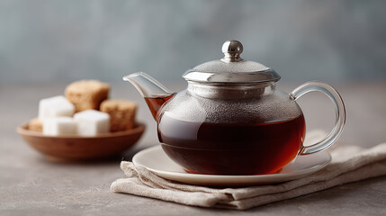 Glass teapot filled with dark tea on white saucer with sugar cubes and cookies, traditional beverage serving concept