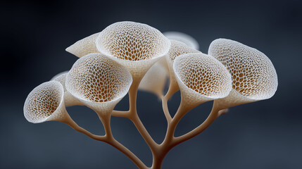 Organic mushroom structures with lattice pattern on dark background, biomimicry design concept for sustainable architecture