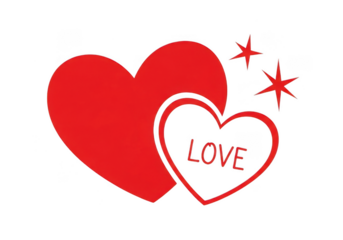 Two red hearts, one solid and one outlined with the word love inside, with red starbursts, isolated on transparent background