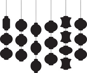 Black silhouette illustration of decorative hanging lanterns in a symmetrical arrangement