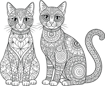 Decorative patterned cat illustration vector set with intricate mandala style line art for coloring and tattoo design