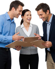 Three professionals in business attire laugh and discuss documents held on clipboards engaged in positive workplace collaboration teamwork laughter meeting discussion office
