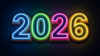 Neon 2026 sign with colorful glowing numbers on dark background