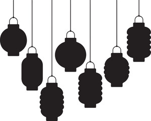 Black silhouette of hanging light fixtures arranged in a heart shape