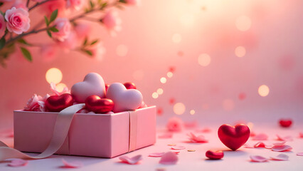 Valentine&rsquo;s Day background featuring hearts, valentines day greeting card, red roses, balloons, and gifts