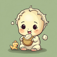 Adorable cartoon baby character joyfully eating a wholesome meal with a sweet expression, accompanied by a small playful companion, perfect for child-themed designs and animations