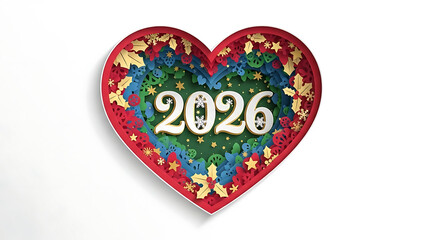 Heart shaped Christmas decoration with 2026, festive holiday background