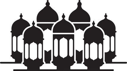 A striking black and white illustration of an ornate building with multiple domes