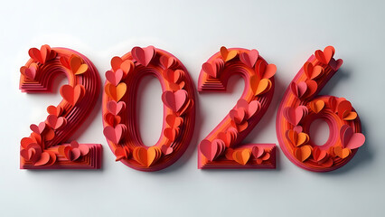 2026 year with red hearts on white background, love and celebration concept