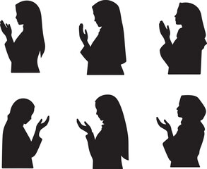 Silhouettes of women praying with hands raised in various poses
