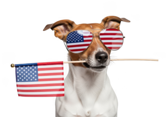 A jack russell terrier dog wearing sunglasses with american flag pattern, holding a small american flag in its mouth, isolated on transparent background