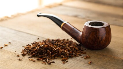 A Classic Wooden Pipe and Loose Tobacco on a Textured Wooden Surface with Soft Natural Lighting