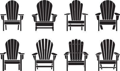 Holiday and Comfort Chair Silhouettes Vector, Adirondack, Deck, and Garden Furniture Icons Set for Relaxation and Beach Graphics