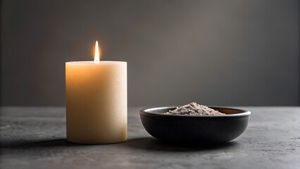 A Lit White Pillar Candle Stands Beside a Dark Bowl Filled with Small Stones on a Textured Surface