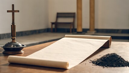 Ancient Scroll and Ashes on a Wooden Table with a Crucifix and Pillars in a Church Setting