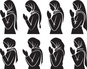Diverse silhouettes of muslim women praying with hands clasped in devotion