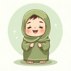 A cute and joyful cartoon illustration of a young Muslim girl wearing a green hijab and smiling with closed eyes