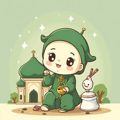 Cute baby wearing a green costume sitting in front of a mosque with a cute toy and shining stars in the background