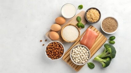 Assortment Of Healthy Foods Including Fish Eggs Milk And Vegetables On A White Backdrop