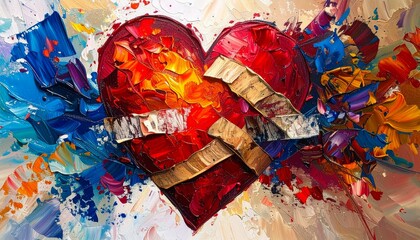 Abstract Expressionist Heart Painting with Textured Brushstrokes and Healing Bandages