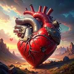 Surreal Steampunk Anatomical Heart in Epic Mountain Landscape at Sunrise