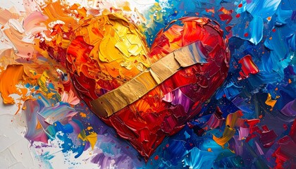Abstract Vibrant Heart Oil Painting with Bandage for Emotional Healing and Mental Health Concepts