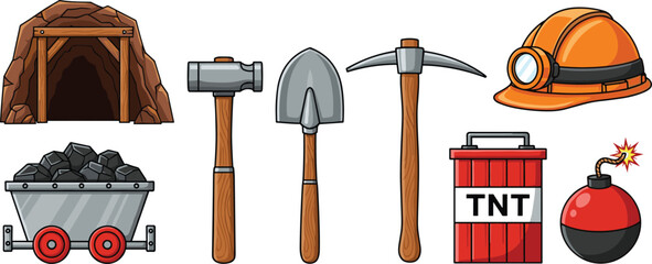 Mining equipment and tools vector set with helmet pickaxe shovel cart explosives and underground cave elements © MdRazaul